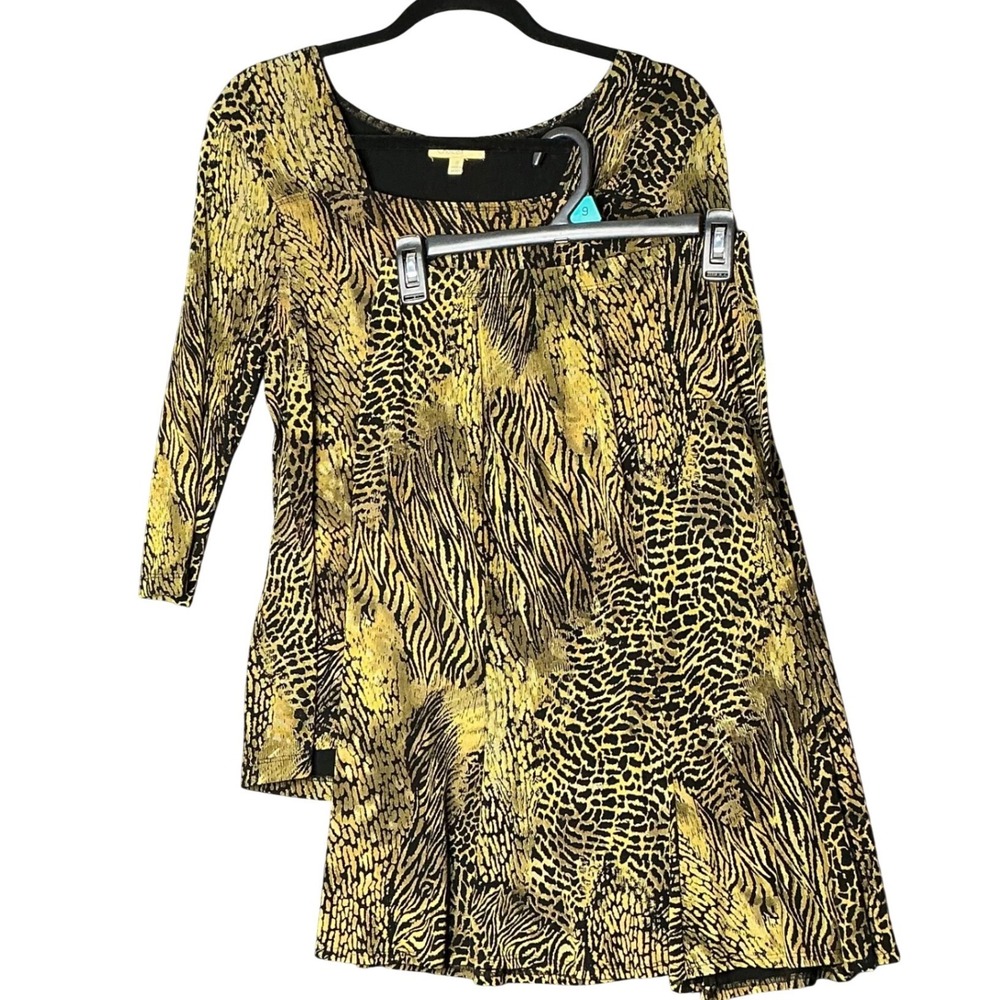 Vtg Choices Petite Gold Black Animal Print Skirt Set 2 Piece Top Midi Skirt PM